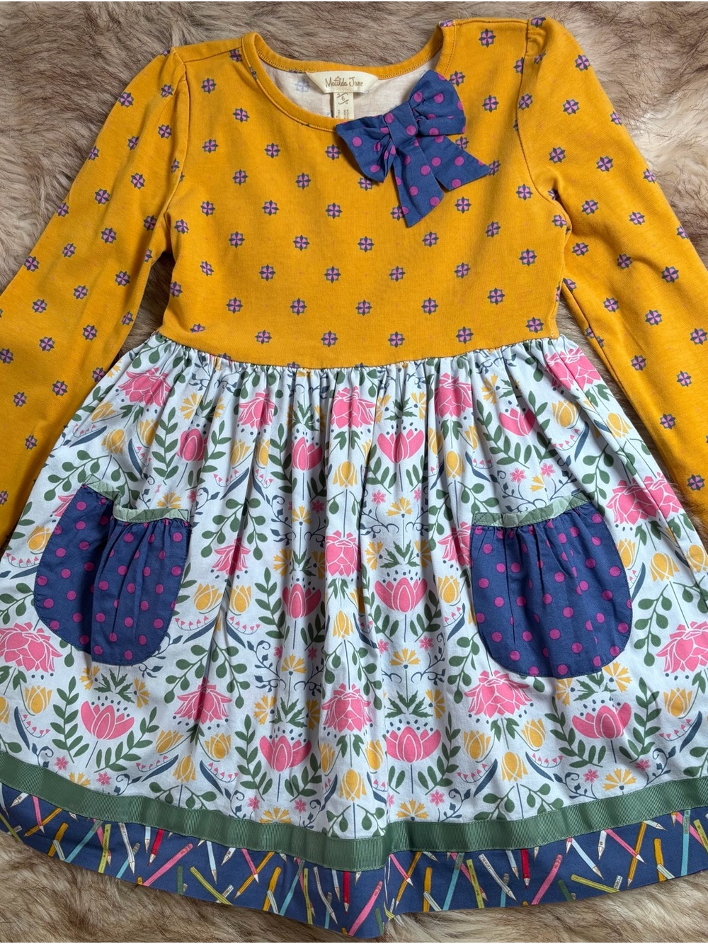 Matilda Jane Mustard & Floral Bow-Accent Long Sleeve Dress